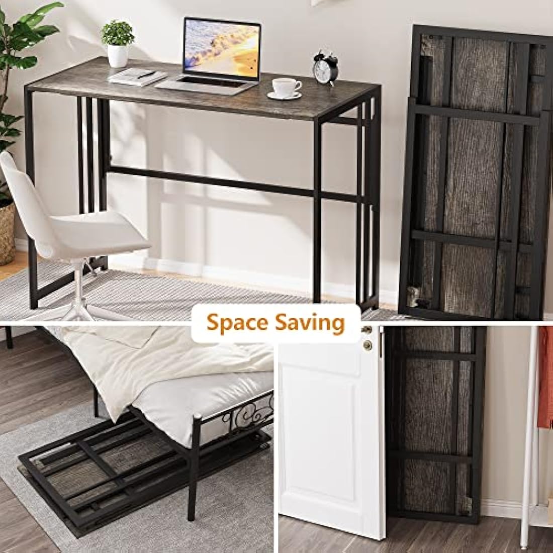 Ulifance Folding Computer Desk – No-Assembly Writing Table, Black Oak