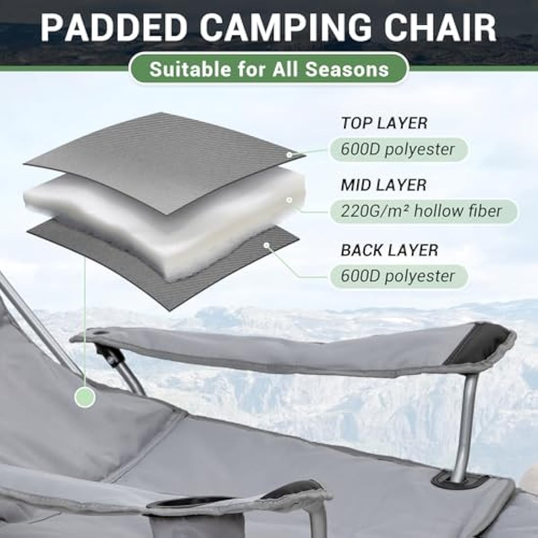 WEJOY Folding Reclining Camping Chairs with Footrest, Grey Padded - Set of 2