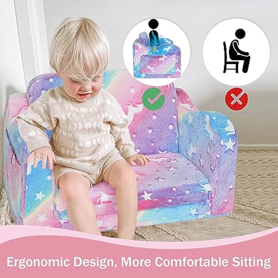 MeMoreCool Kids Folding Sofa Bed – Glow in The Dark Plush Toddler Couch