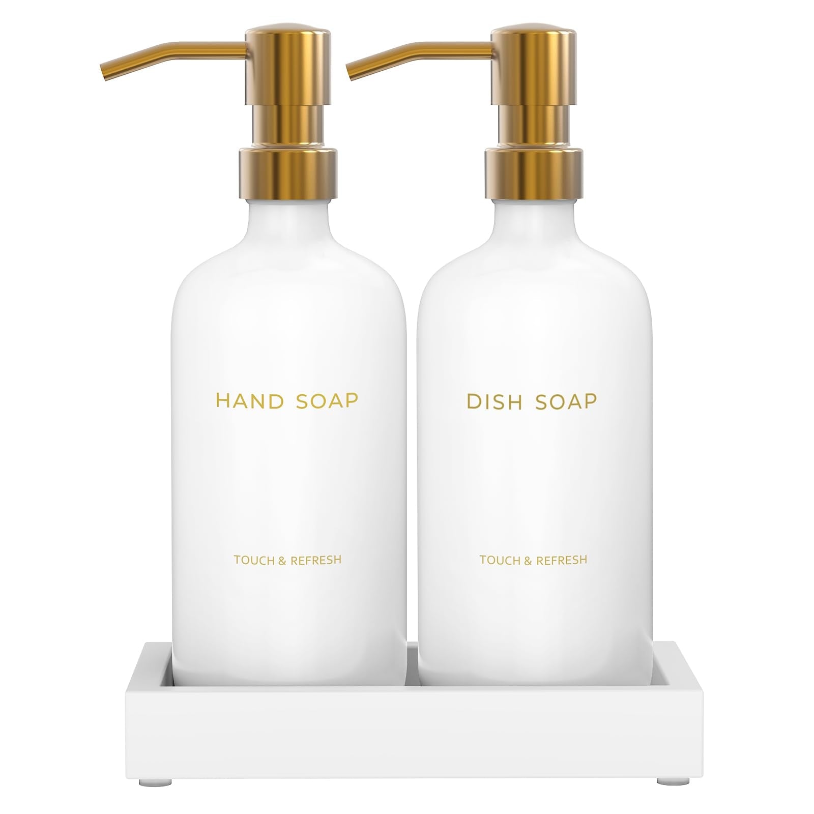 Amber Glass Hand and Dish Soap Dispenser Set with Tray – Gold