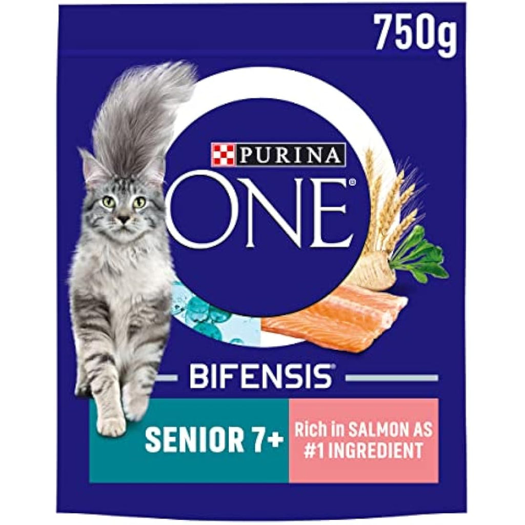 Purina One Senior 7+ Salmon Dry Cat Food - 750g Kibble (Pack of 4)