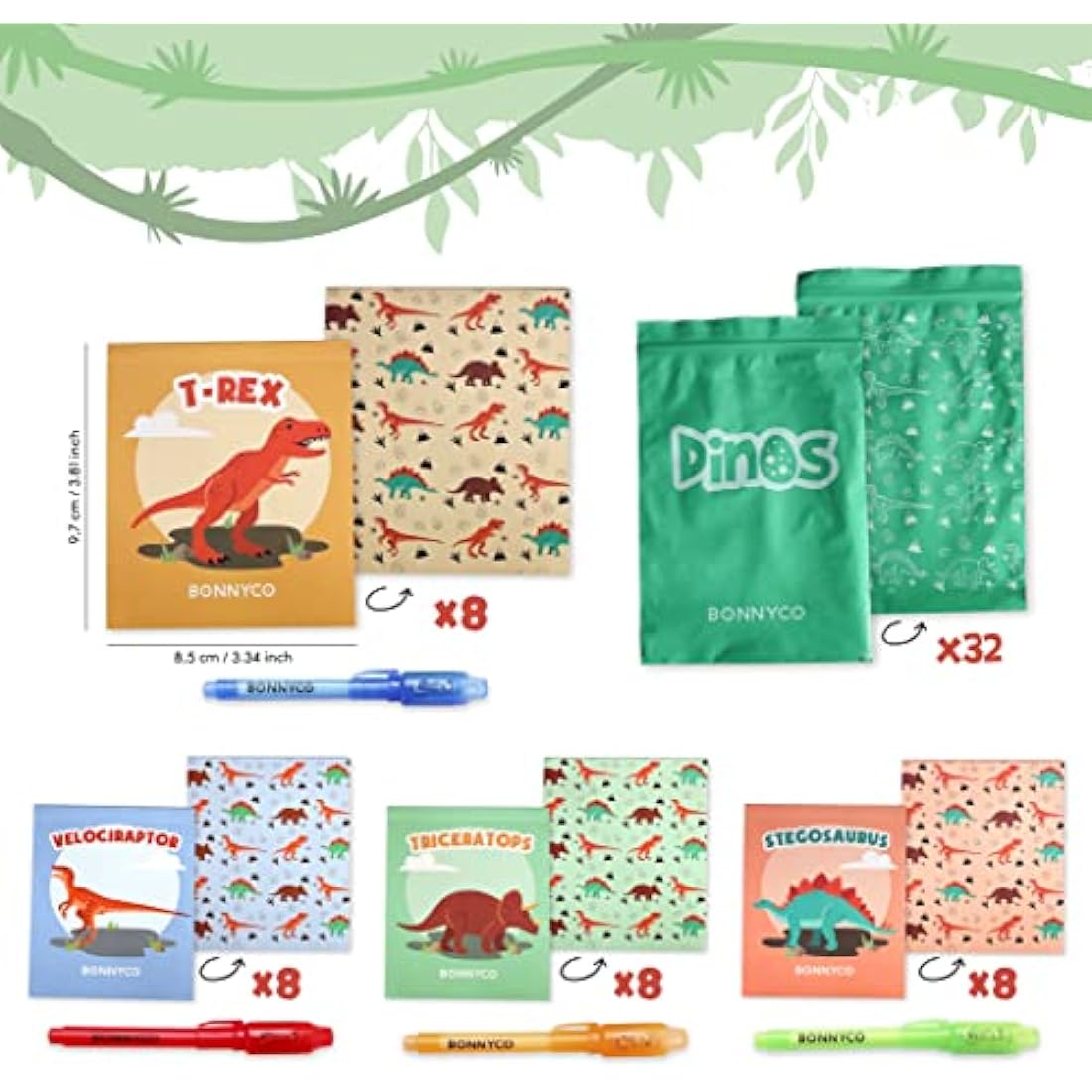 BONNYCO Invisible Ink Pen and Notebook Set – 32 Pack Dinosaur Party Favors
