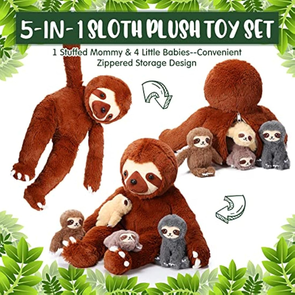 5-Piece Sloth Plush Toy Set – 13" Mommy and Baby Stuffed Animals