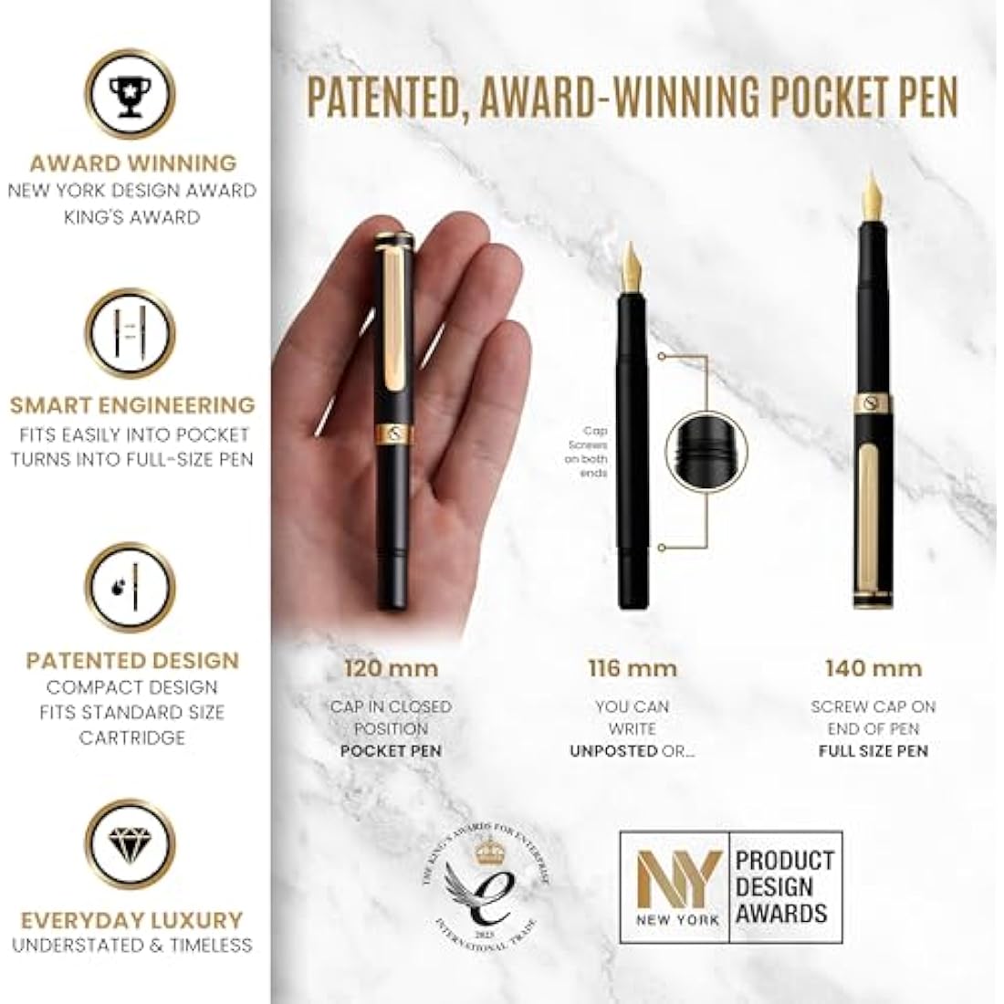 Scriveiner Luxury EDC Fountain Pen – Black Pocket Pen with Gold Nib
