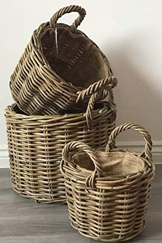 Large Round Kuba Rattan Log Basket | Hessian Lined Storage