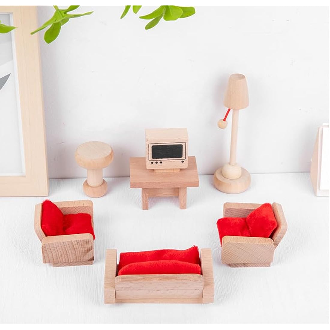 DecoBay Wooden Dollhouse Furniture Set with 7 Family Dolls – 4 Rooms