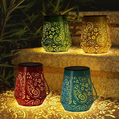 OxyLED Solar Hanging Lanterns – 4 Pack Colorful Metal Moroccan Garden Lights