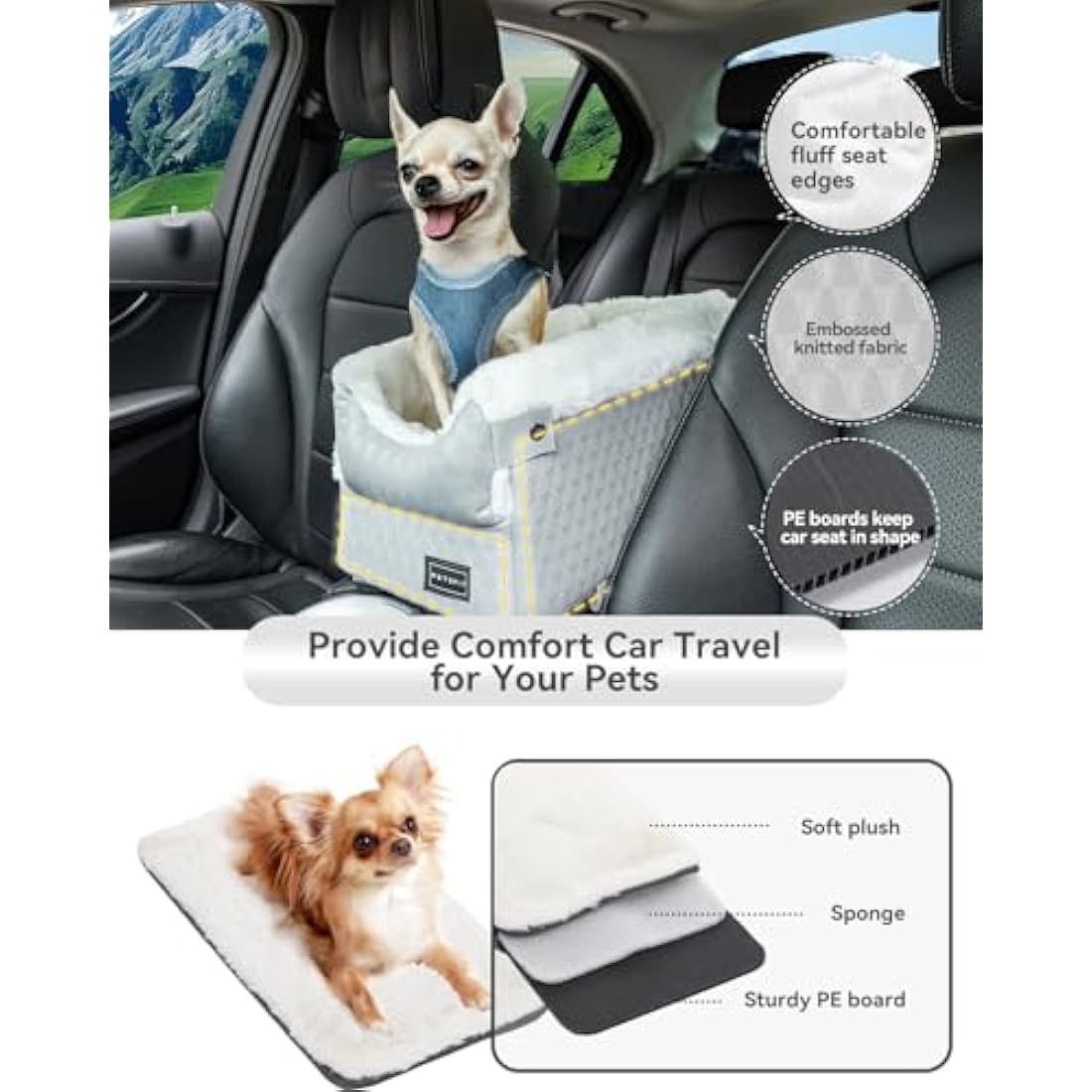 Petsfit Center Console Dog Car Seat – Small Pet Booster with Safety Hooks