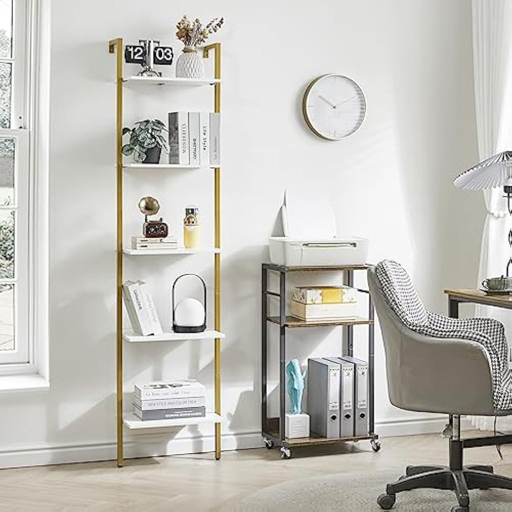 YMYNY 5-Tier Wall Mounted Ladder Shelf – Industrial Metal Bookcase, White