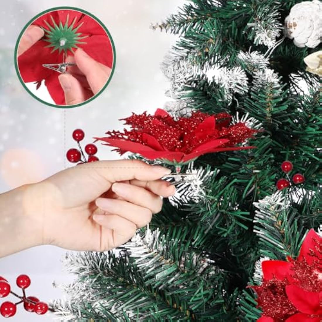 12 Pack Red Glitter Poinsettia Artificial Christmas Flowers