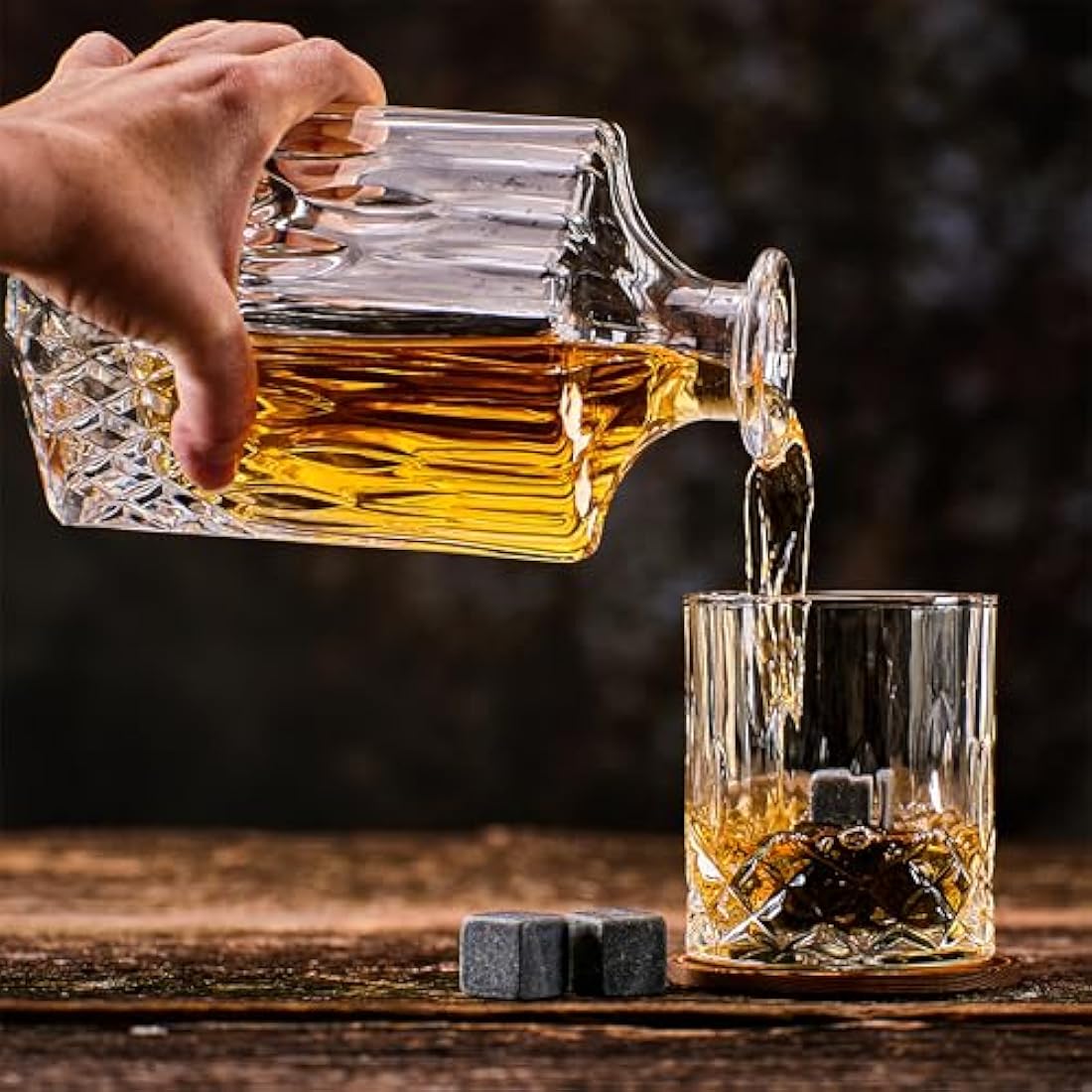 Whisiskey Glass Set – 4 Whiskey Glasses and 8 Stones Gift Set for Men