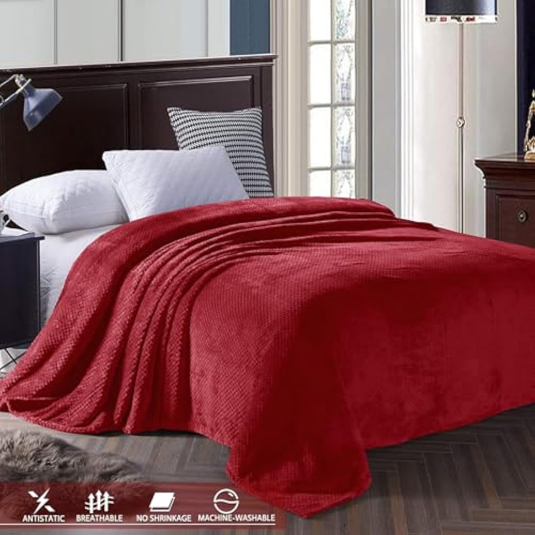 Jolof Store King Size Fleece Bed Blanket | Waffle Weave Jacquard - Burgundy