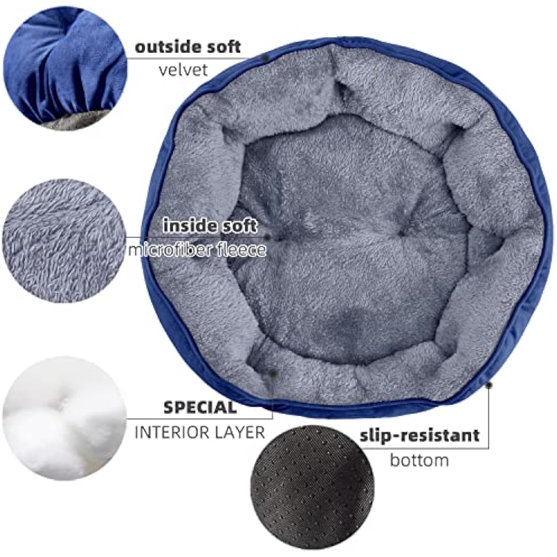 Calming Dog Bed – Round Sherpa Pet Bed, Washable, Blue, 25"