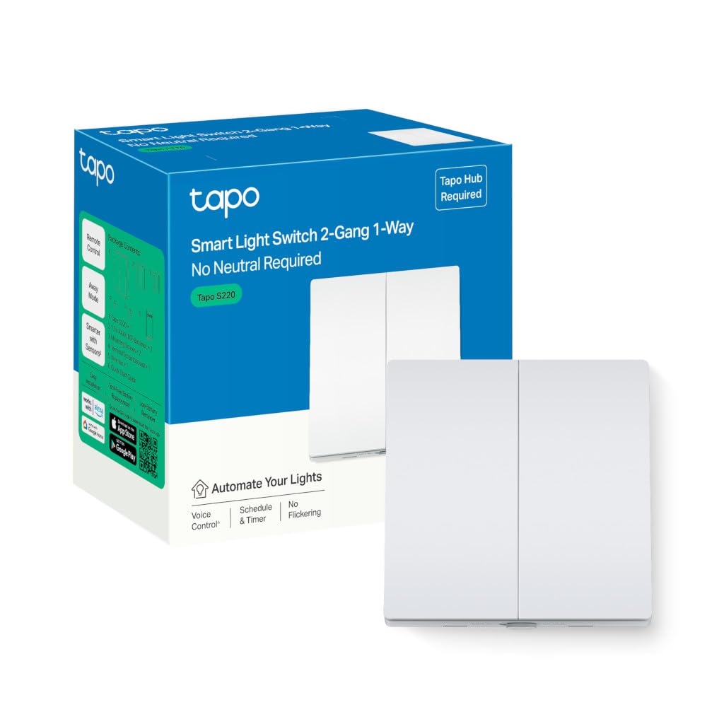 TP-Link Tapo S220 Smart Light Switch | 2-Gang 1-Way | No Neutral Needed