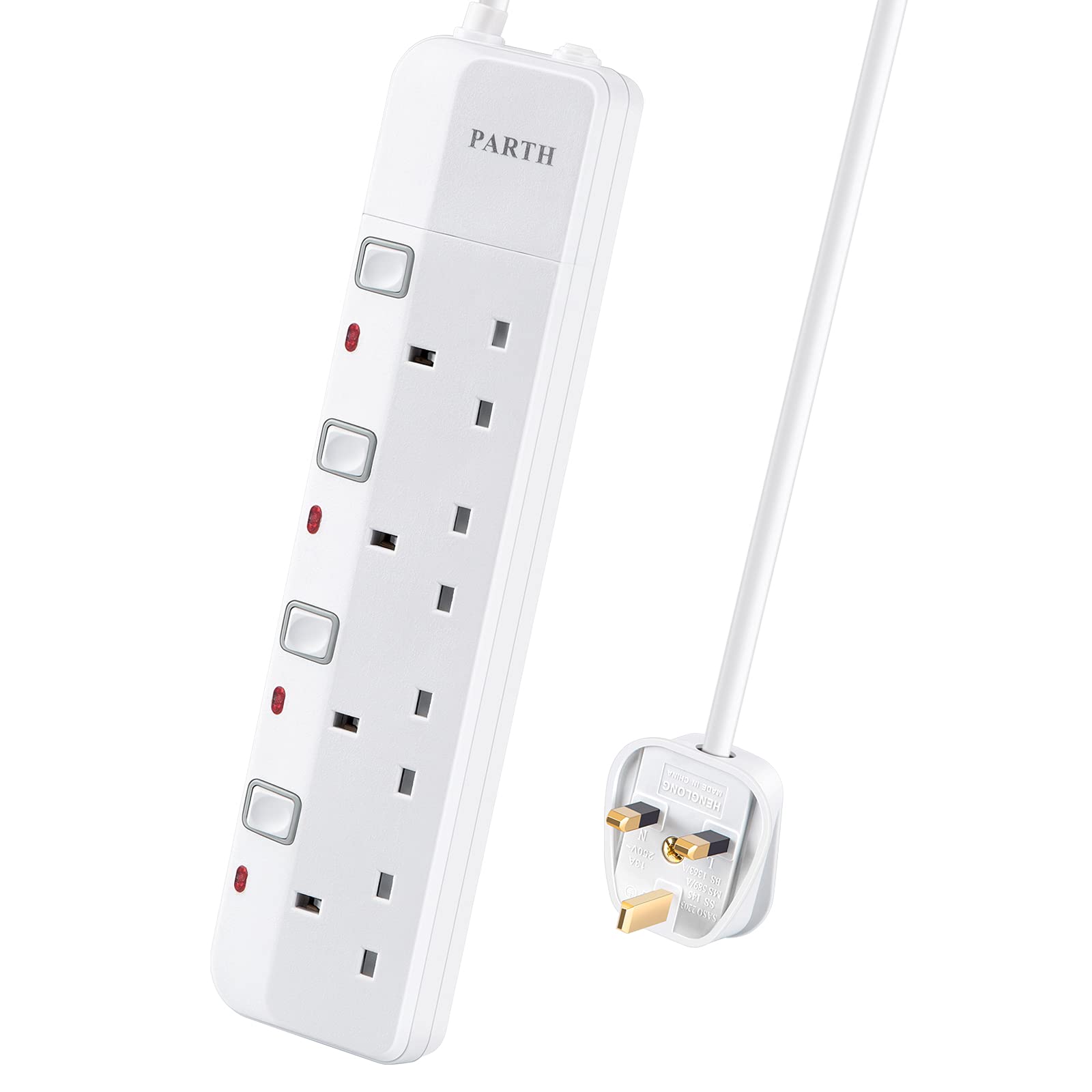 PARTH 4 Way Extension Lead with Individual Switches | 2m Power Strip