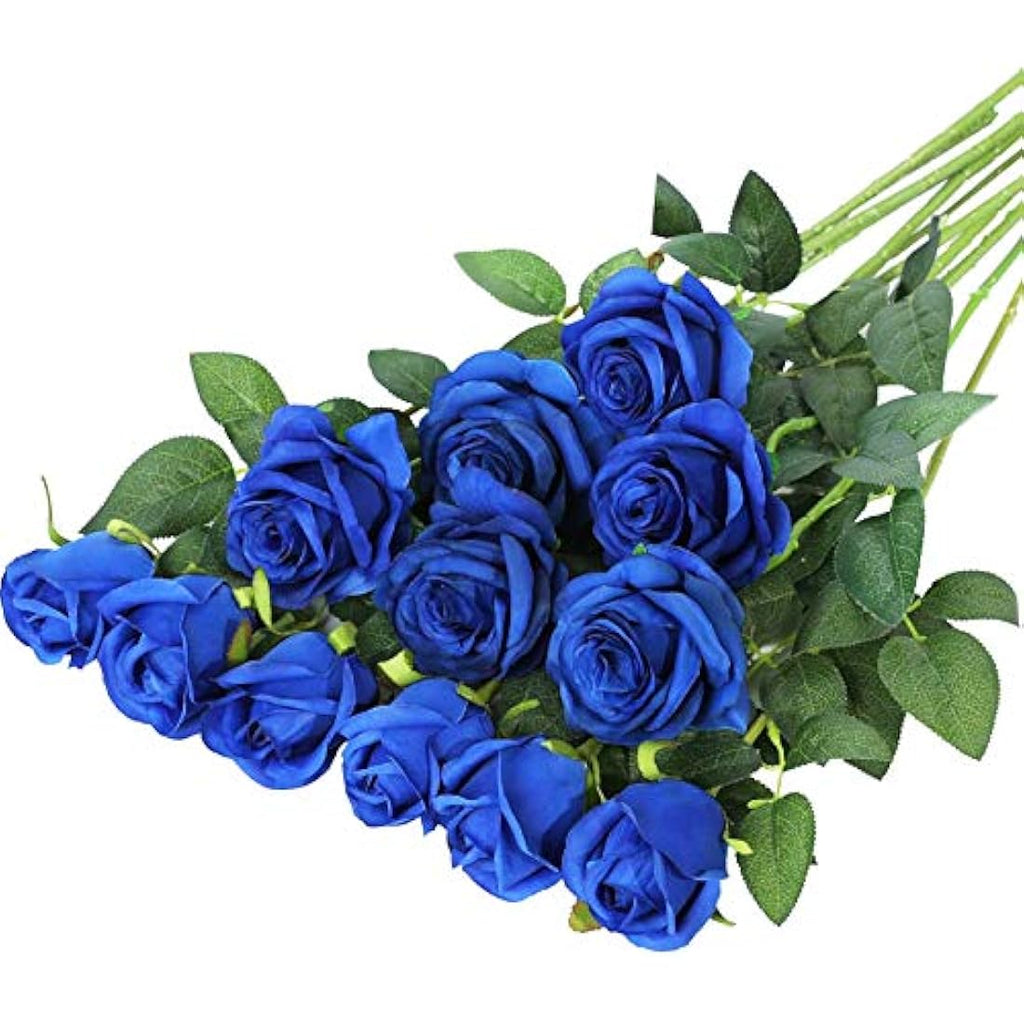 12PCS Artificial Silk Roses | 21" Long Stem Fake Flowers - Blue