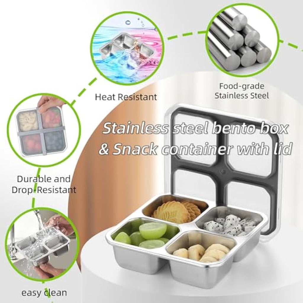 Misichao Stainless Steel 4-Compartment Snack Boxes - 4 Pack Grey