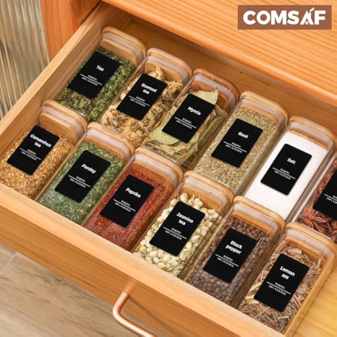 ComSaf 16Pcs Glass Spice Jars with Bamboo Lids - 10oz Airtight Containers