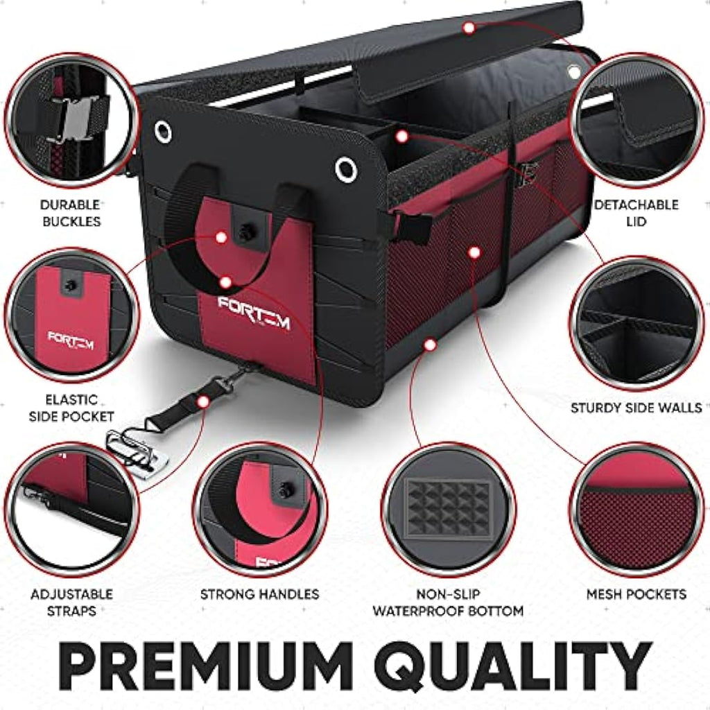 Fortem Car Boot Organiser – Collapsible 2-Compartment Storage with Lid, Red