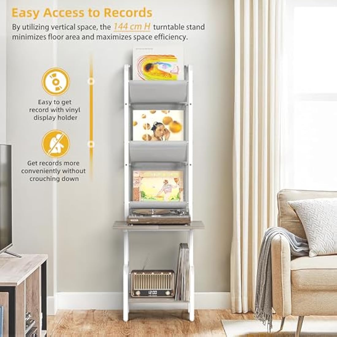 Bikoney Vinyl Record Storage Stand | 200 Album Turntable Cabinet - White