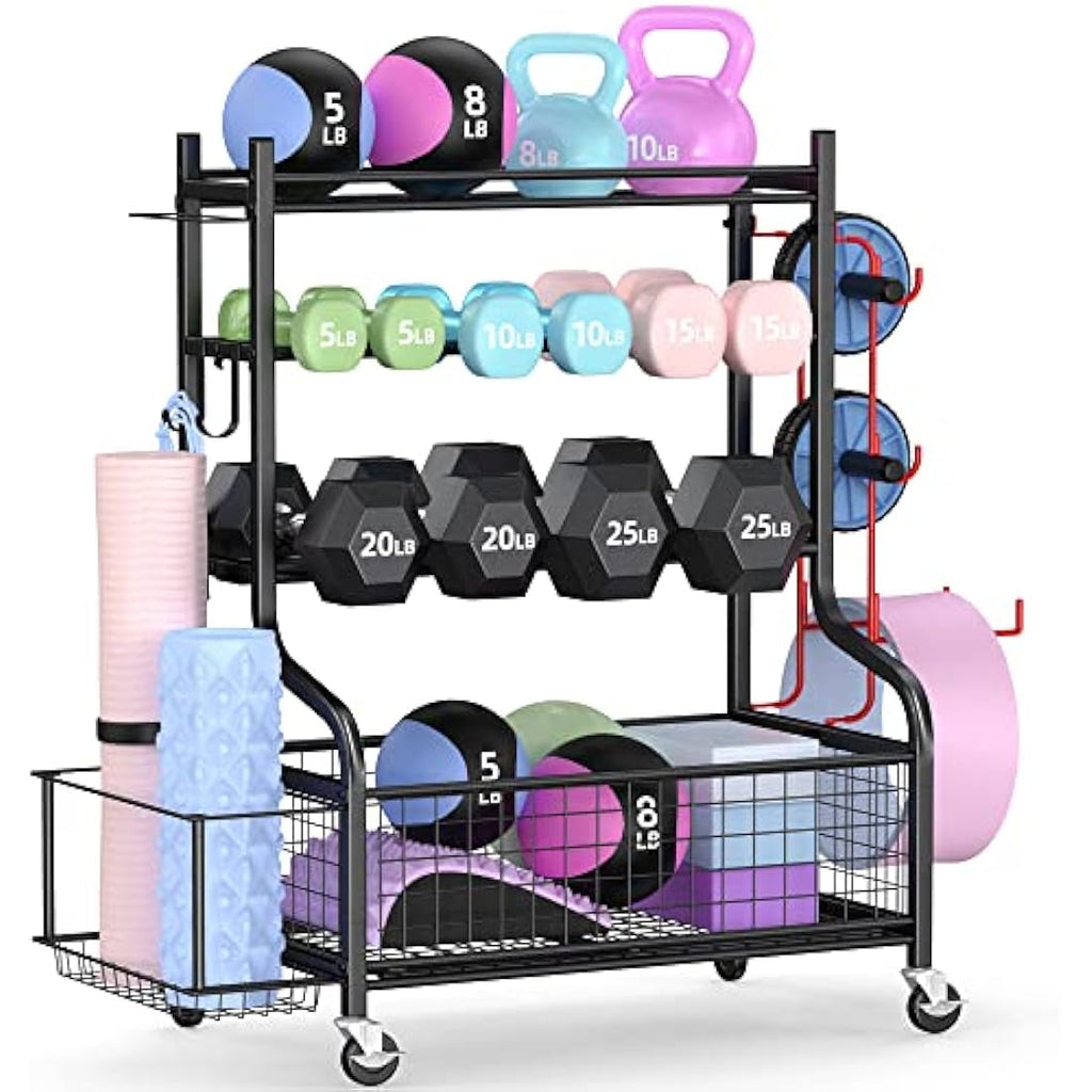 Mythinglogic Dumbbell Rack - 3-Tier Steel Weight Stand with Wheels