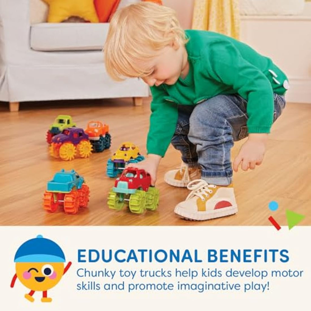 Battat Mini Monster Trucks – 6 Pack Colorful Toddler Toy Cars with Bag