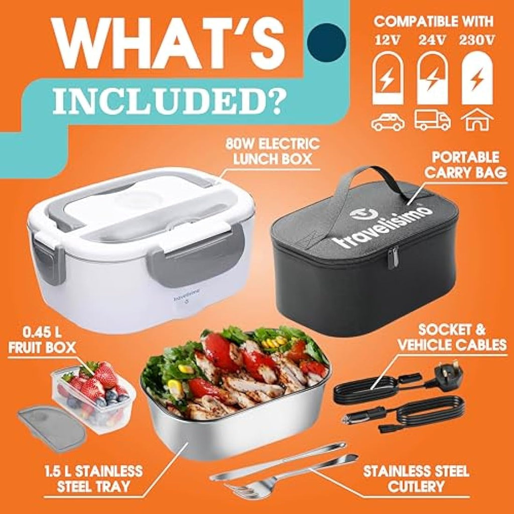 TRAVELISIMO 80W Electric Heated Lunch Box - 1.5L Stainless Steel Food Warmer