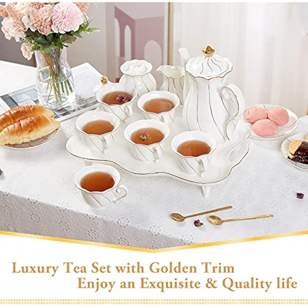 DUJUST 14-Piece Porcelain Tea Set | British Style White & Gold Luxury Set