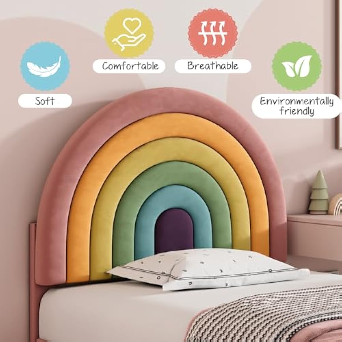 BTM Velvet Single Bed Frame 90x190cm | Adjustable Rainbow Headboard