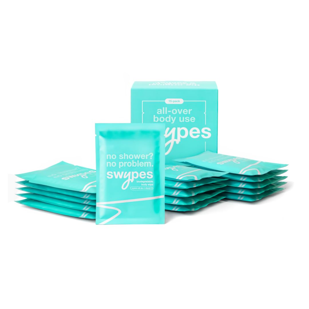 Swypes Large Body Wipes for Adults – 100% Biodegradable Shower Wipes, 15 Pack