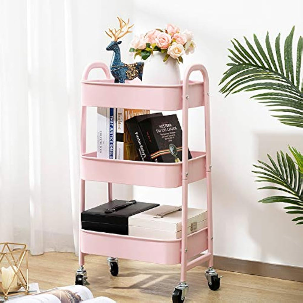 DOEWORKS 3-Tier Metal Rolling Storage Cart | Pink Utility Trolley
