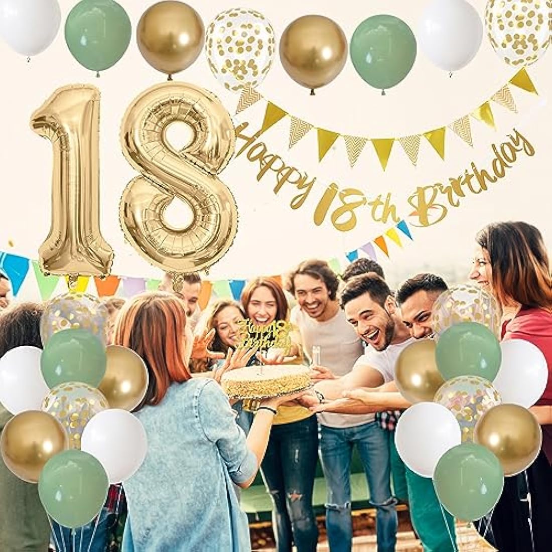 18th Birthday Decorations – Sage Green, Gold & White Party Kit