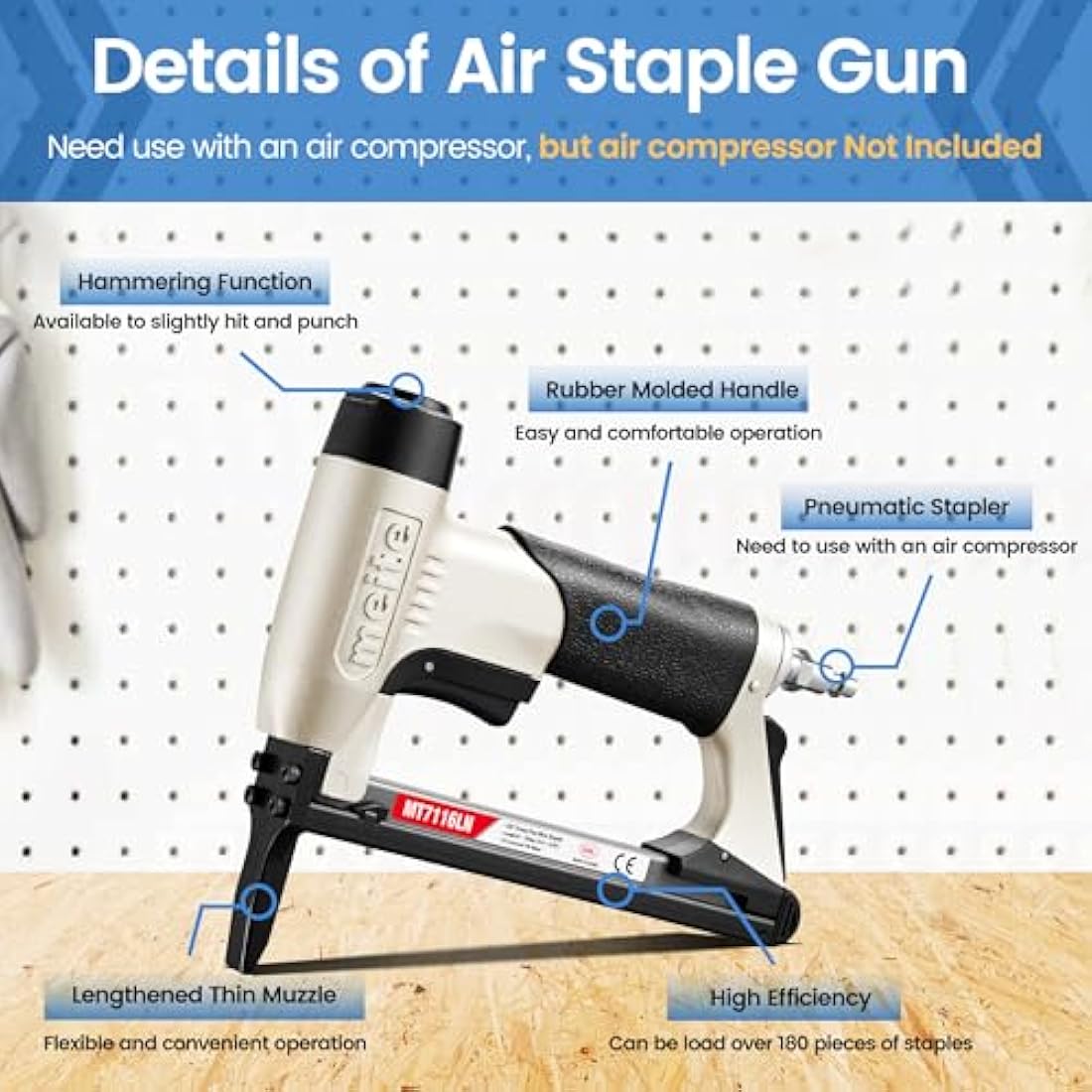 Meite MT7116LN Long Nose Air Stapler | 22 Gauge Type 71 Upholstery Gun