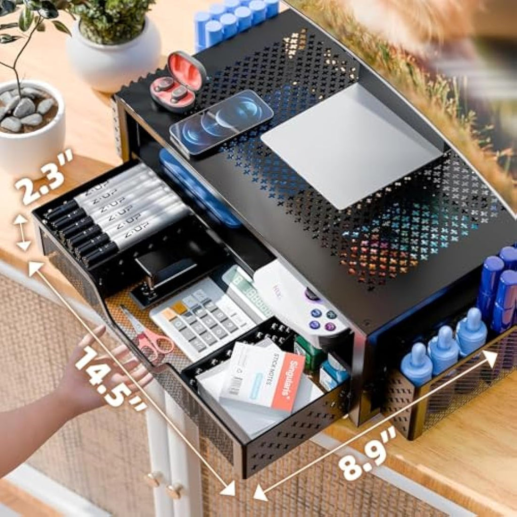 Jolof Store 2-Tier Metal Monitor Riser with Drawer and Pen Holder
