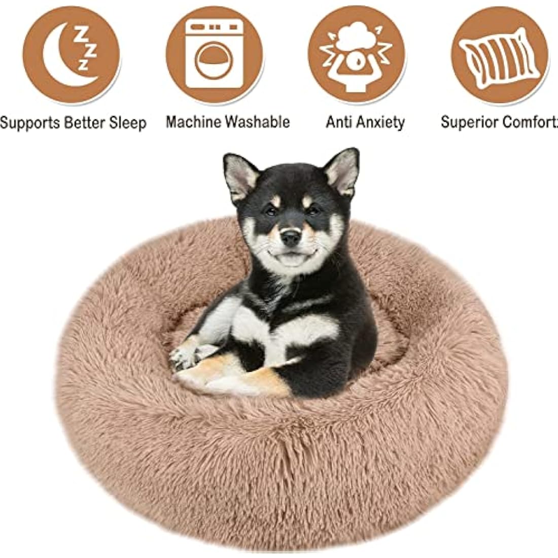 Jolof Store Calming Donut Dog Bed – Washable Fluffy Faux Fur Pet Bed