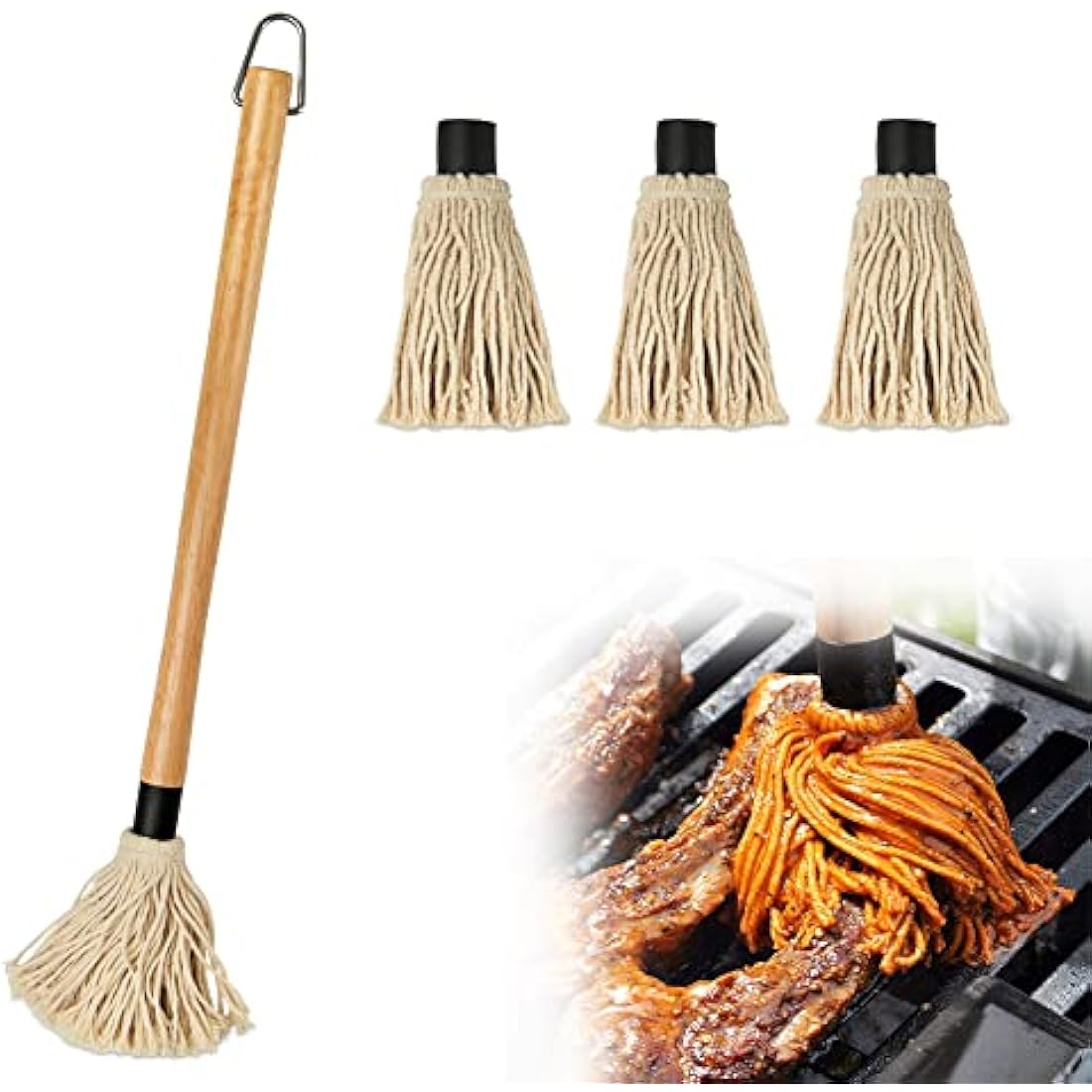 YFWOOD BBQ Basting Mop – 18 Inch Wooden Handle Grill Brush with 3 Heads