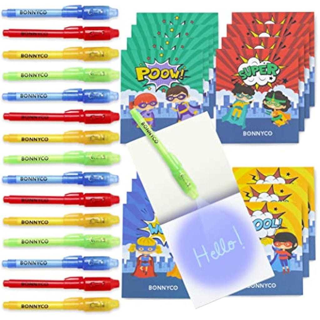 BONNYCO Superhero Invisible Ink Pen and Notebook Set - 16 Pack Party Favors