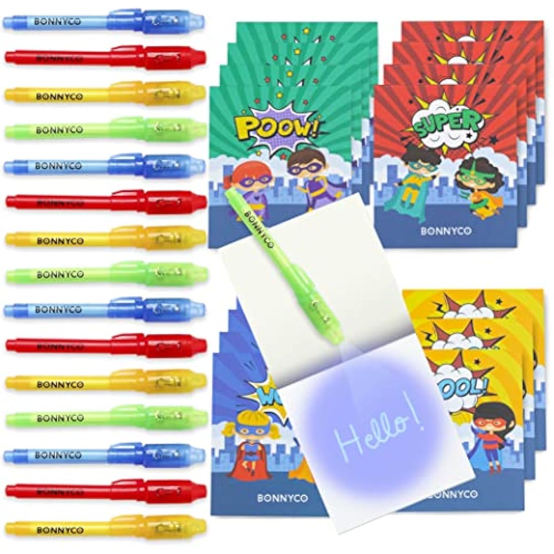 BONNYCO Superhero Invisible Ink Pen and Notebook Set - 16 Pack Party Favors