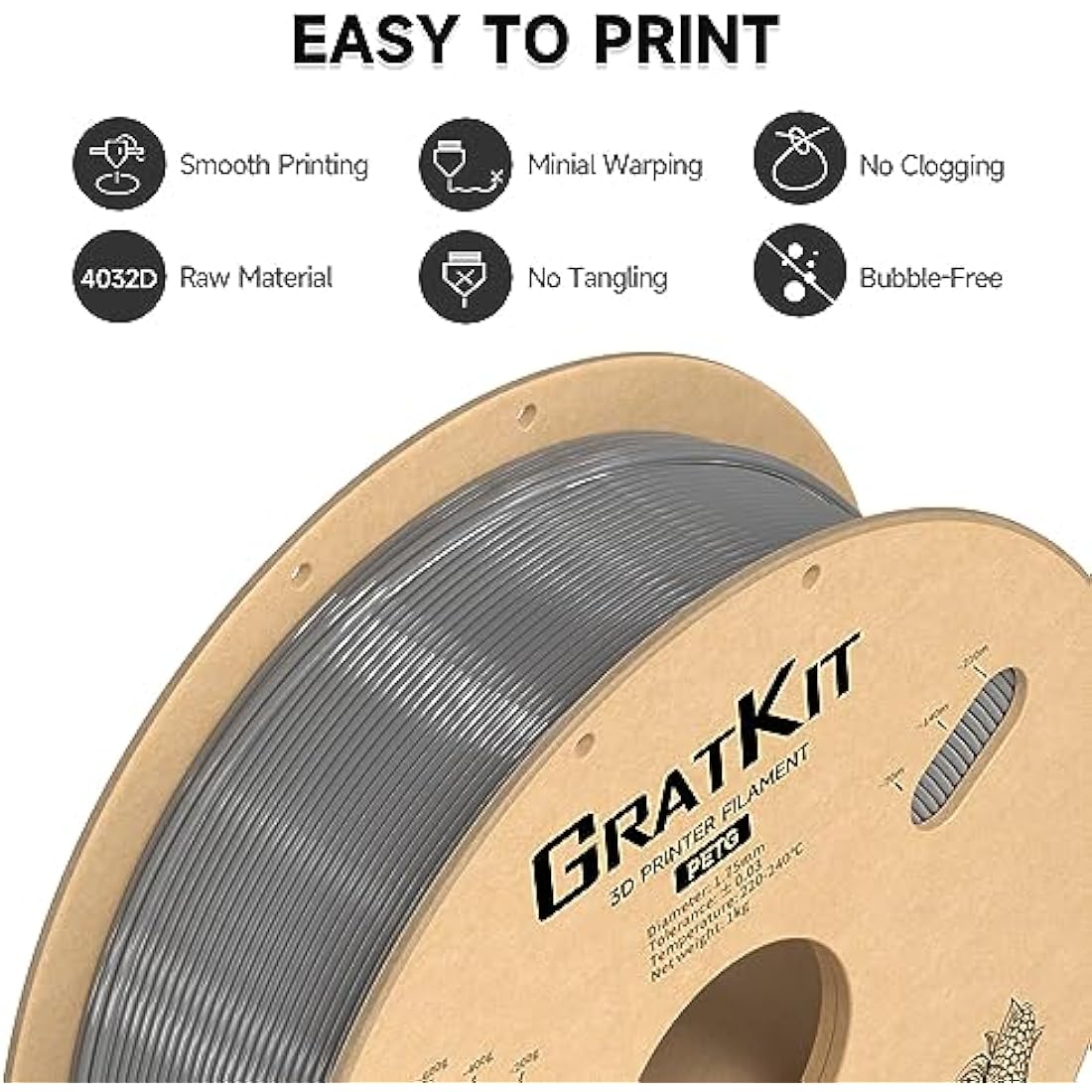 GratKit PETG 3D Printer Filament 1.75mm Gray – 6KG Bundle (6x1KG)
