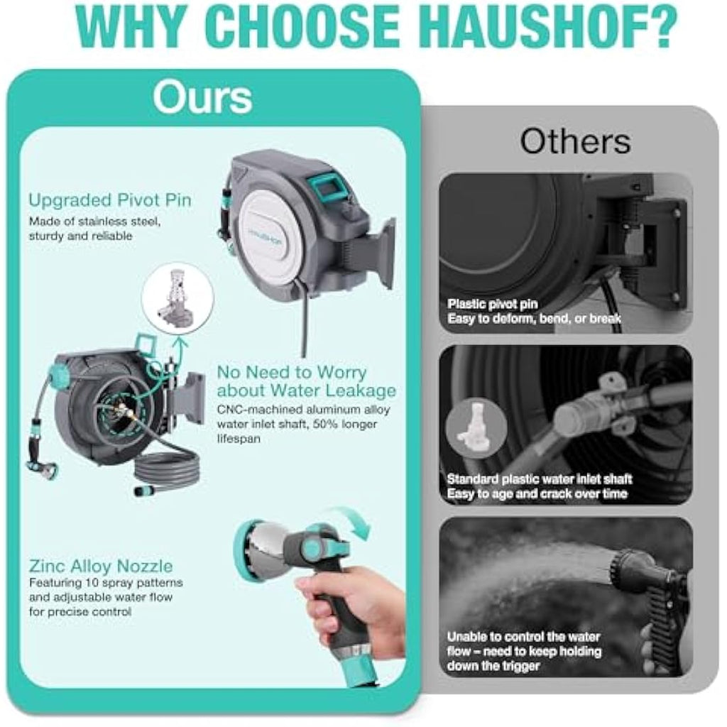 HAUSHOF 30m Wall Mounted Retractable Garden Hose Reel with 10-in-1 Spray Gun
