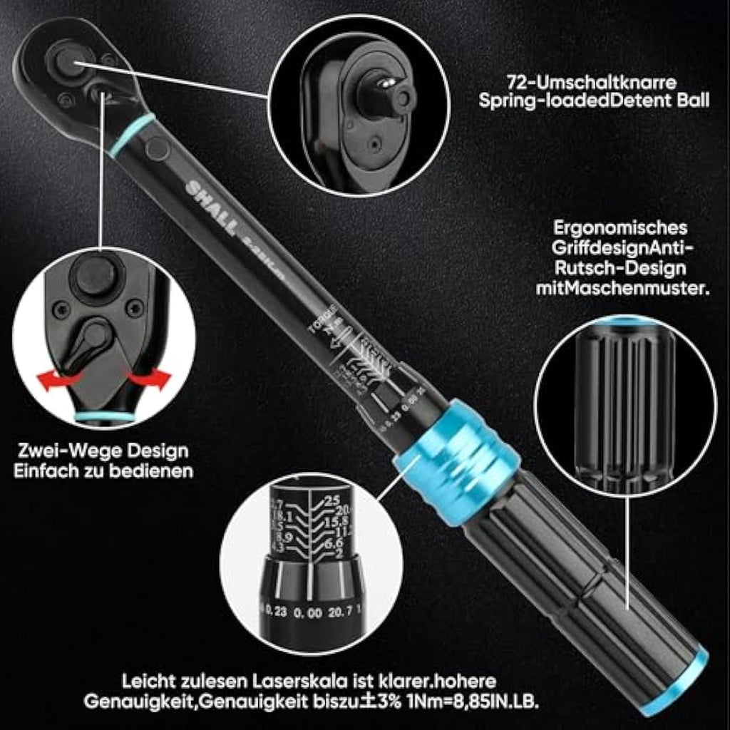 Shall 1/4" Torque Wrench Set | 2-25Nm 21-Piece Bike & Motorcycle Kit