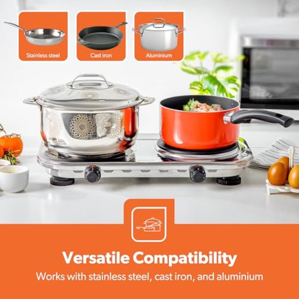 Geepas 2500W Double Hot Plate – Portable Electric Hob with Cast Iron Burners