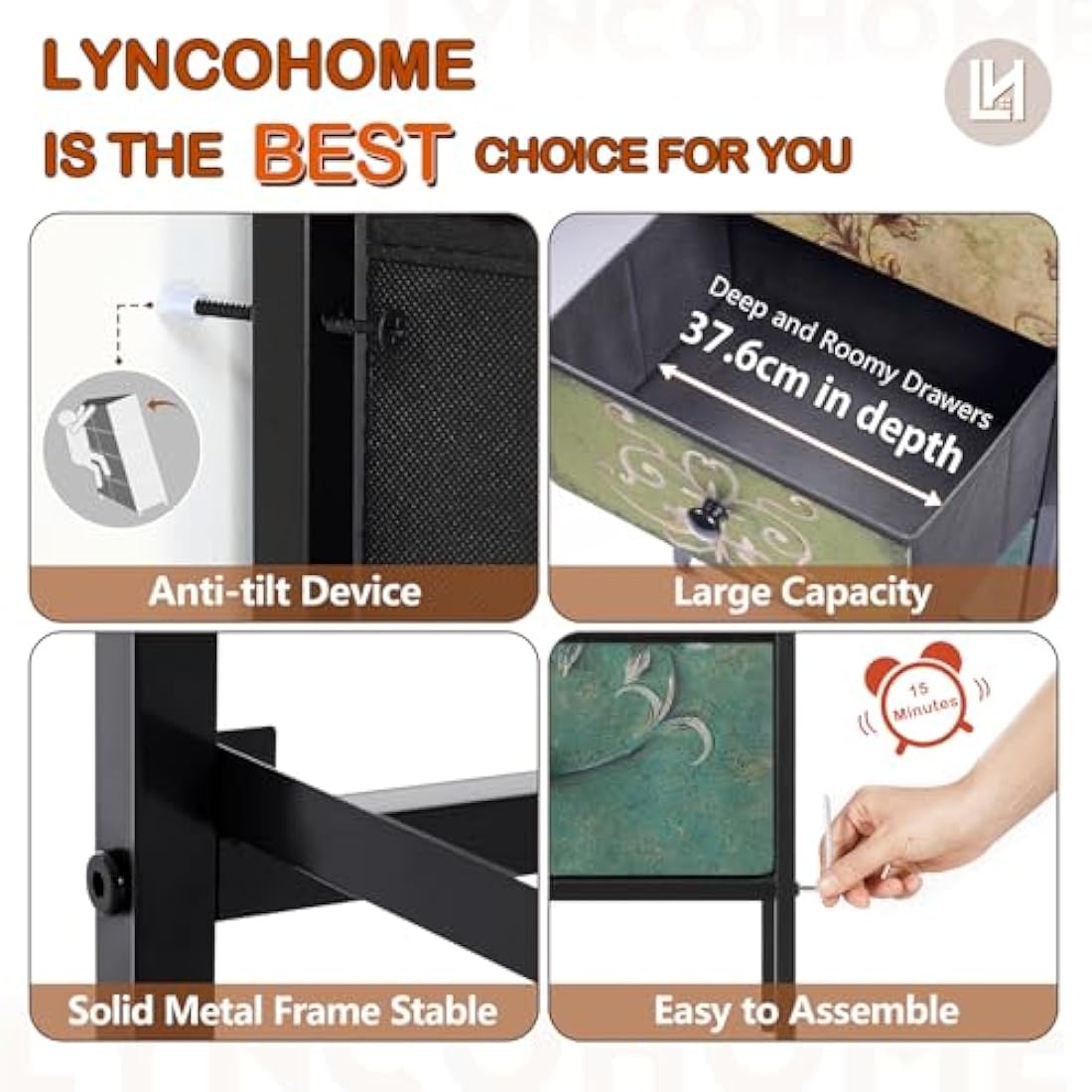 LYNCOHOME Bedside Tables Set of 2 - Vintage 3-Drawer Fabric Nightstand