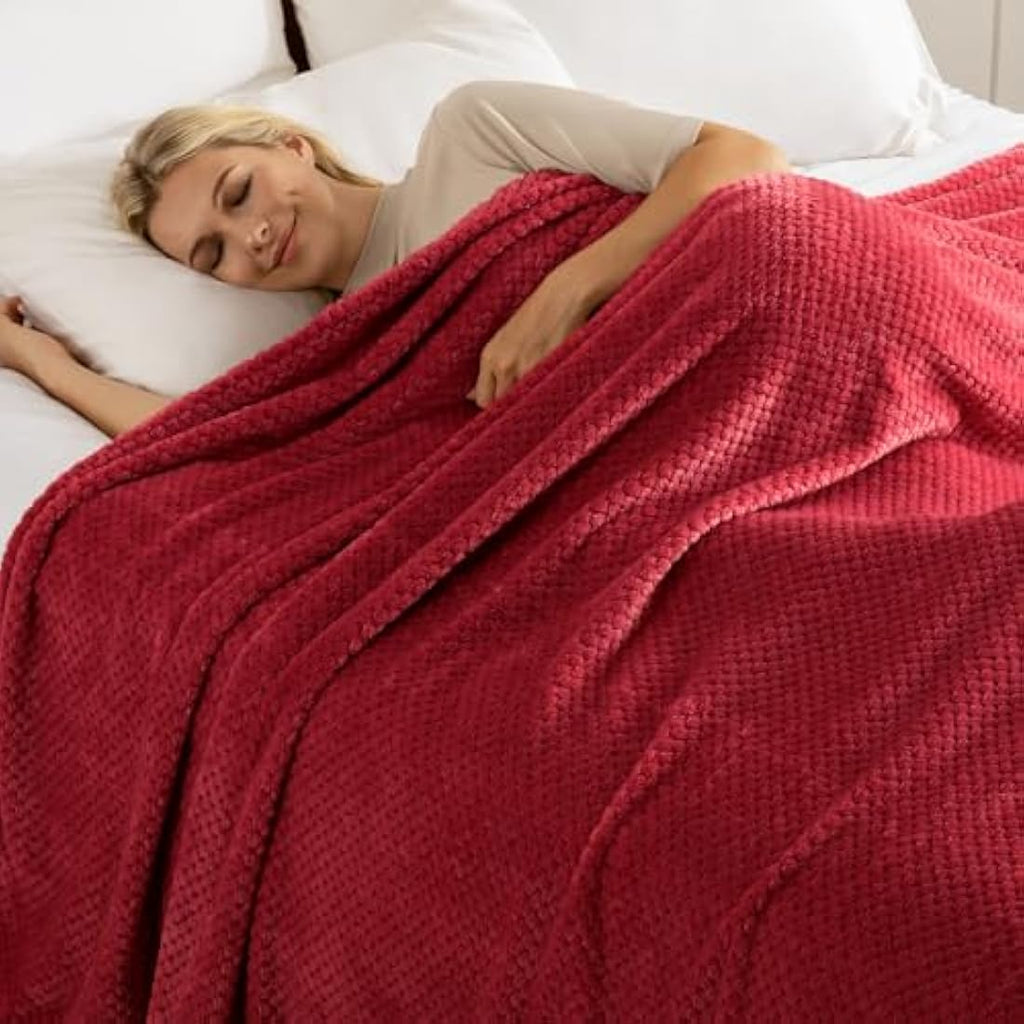 Jolof Store King Size Fleece Bed Blanket | Waffle Weave Jacquard - Burgundy