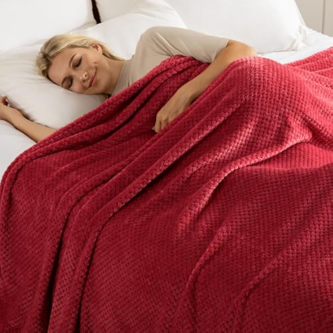 Jolof Store King Size Fleece Bed Blanket | Waffle Weave Jacquard - Burgundy