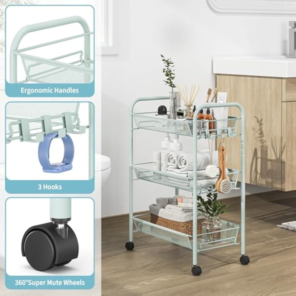 APEXCHASER 3-Tier Rolling Utility Cart | Metal Mesh Storage Trolley, Green