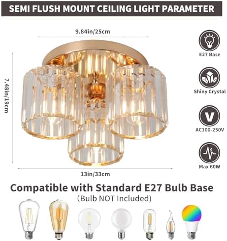 ZYDTRIP Modern Gold Crystal Chandelier – 3-Light Semi Flush Ceiling Fixture