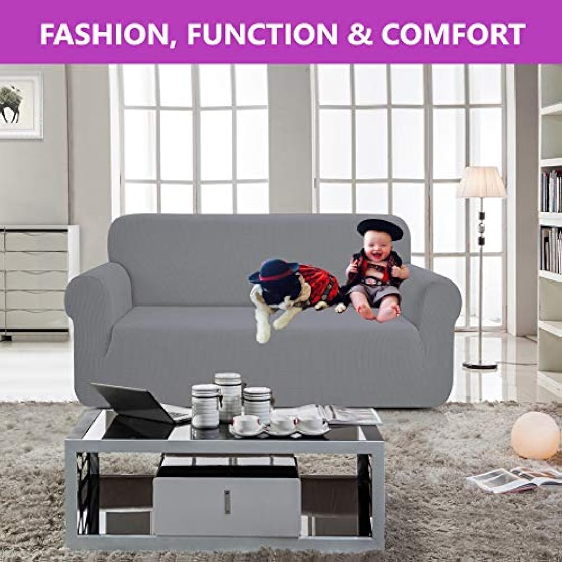 SAMSTEX 3 Seater Sofa Cover | Stretch Jacquard Slipcover - Light Grey