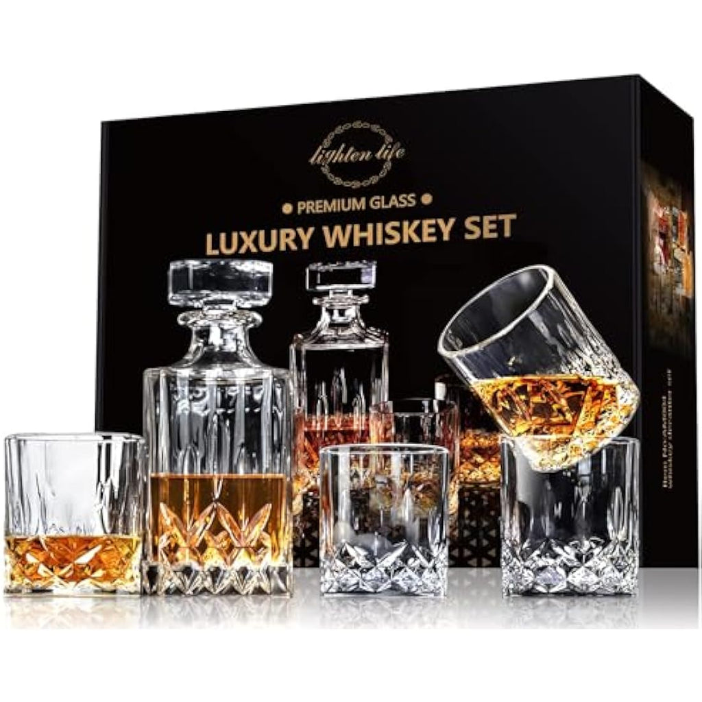 Lighten Life 5-Piece Whiskey Decanter Set | Lead-Free Crystal Glass