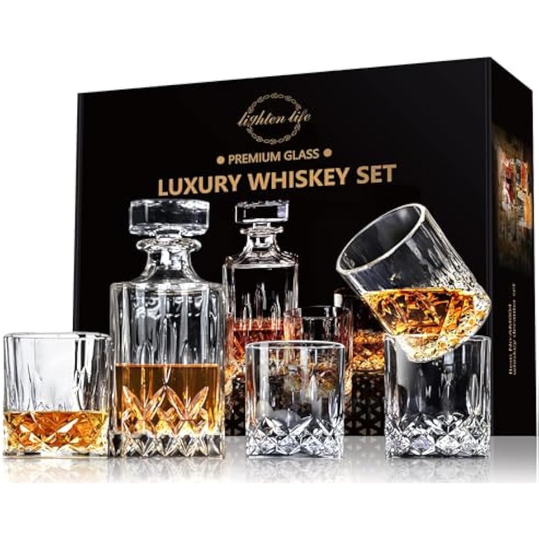 Lighten Life 5-Piece Whiskey Decanter Set | Lead-Free Crystal Glass